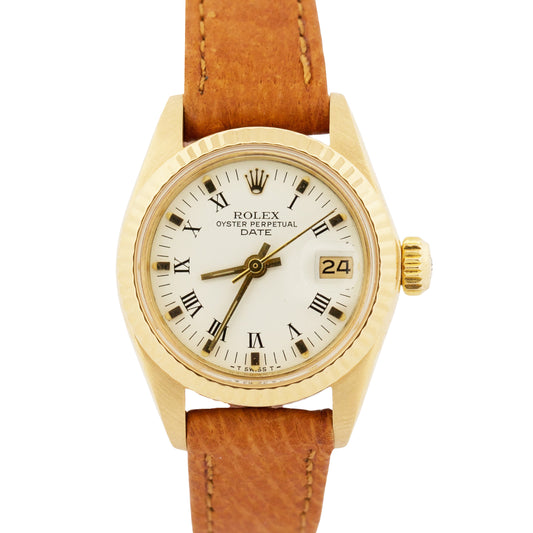 Ladies Rolex DateJust 26mm WHITE ROMAN 18K Yellow Gold Fluted Leather 6917 Watch