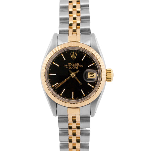 Ladies Rolex DateJust 26mm BLACK 18K Yellow Gold Steel Fluted JUBILEE 6917 Watch
