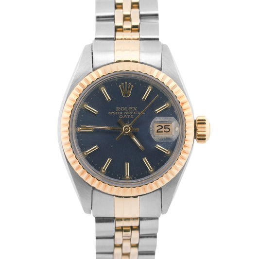 Rolex Date 26mm BLUE 18K Yellow Gold Stainless Steel Fluted JUBILEE 6917 Watch