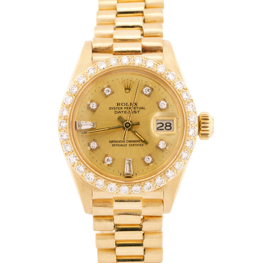 VINTAGE Ladies Rolex DateJust President CHAMPAGNE DIAMOND 26mm 18K Gold 6917