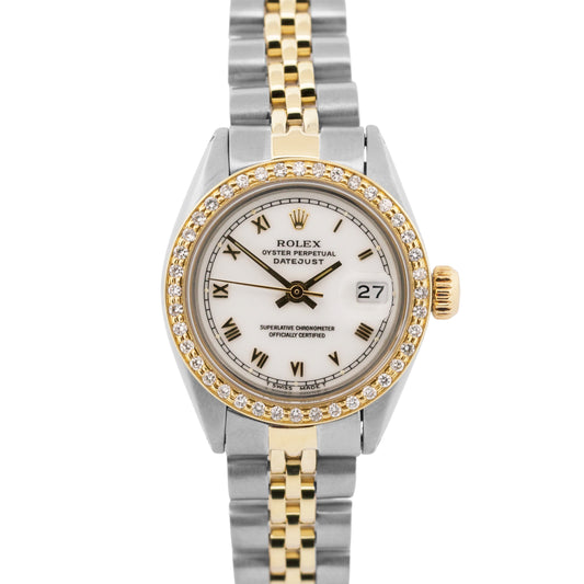 Ladies Rolex DateJust 26mm WHITE ROMAN DIAMOND 18K Gold Steel JUBILEE 6917