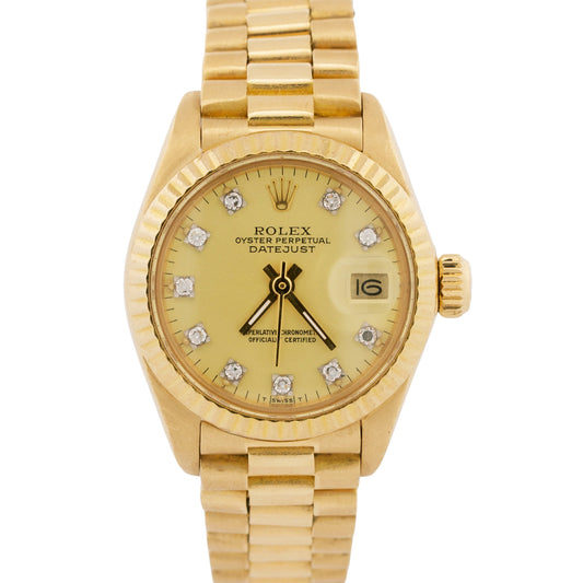 VINTAGE Ladies Rolex DateJust President 26mm CHAMPAGNE DIAMOND 18K Gold 6917