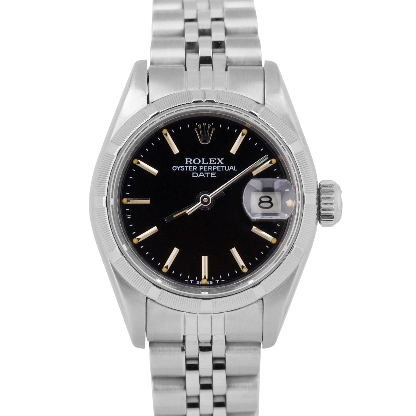 Ladies Rolex Oyster Perpetual Date BLACK 26mm Engine-Turned Steel Watch 69190