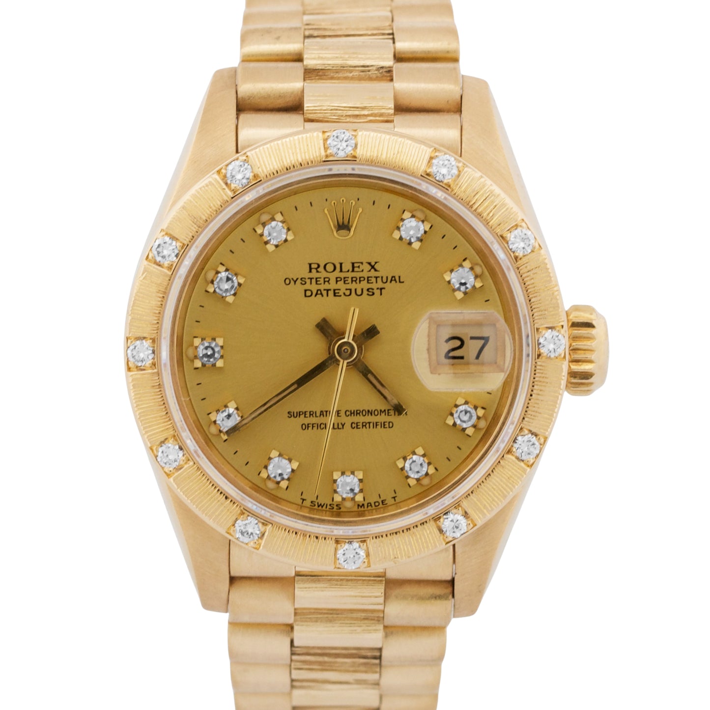 Ladies Rolex DateJust President 26mm DIAMOND BARK 18K Yellow Gold 69288 Watch