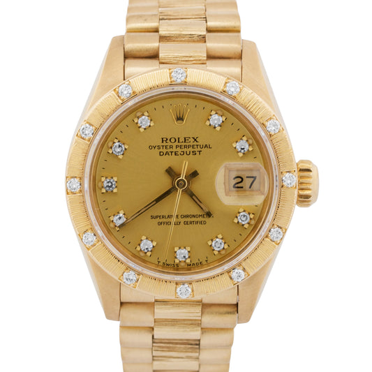 Ladies Rolex DateJust President 26mm DIAMOND BARK 18K Yellow Gold 69288 Watch
