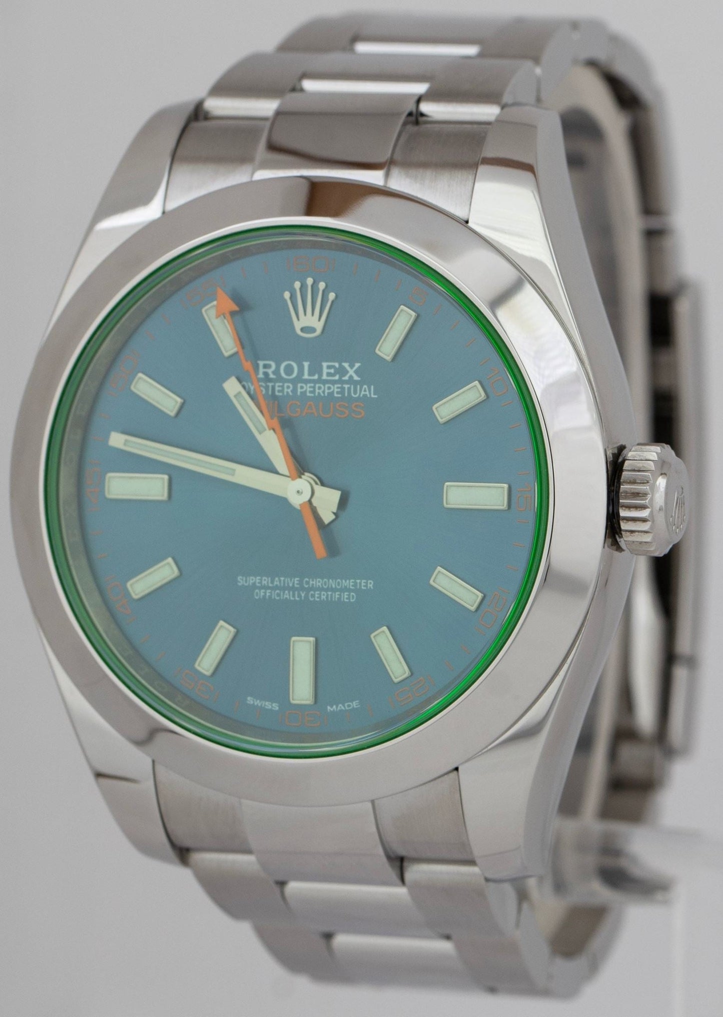 2021 CARD Rolex Milgauss Z-Blue Green Anniversary 116400 GV Stainless Watch B+P
