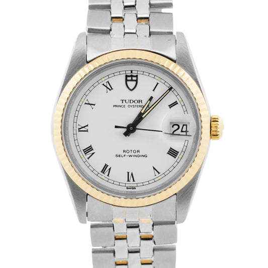 VINTAGE 1960 Tudor Prince Oysterdate WHITE ROMAN 34mm Gold Stainless Steel 74033