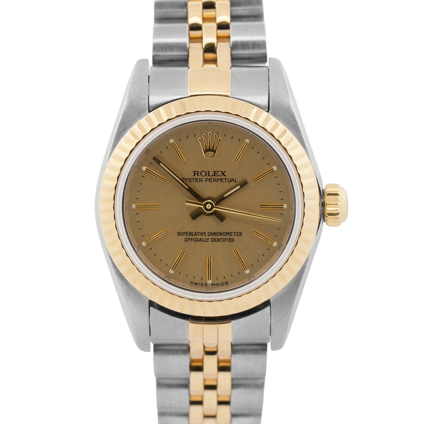 Rolex Oyster Perpetual 24mm CHAMPAGNE 18K Yellow Gold Steel JUBILEE 76193 Watch