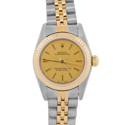 Rolex Oyster Perpetual 24mm CHAMPAGNE 18K Yellow Gold Steel JUBILEE 76193 Watch