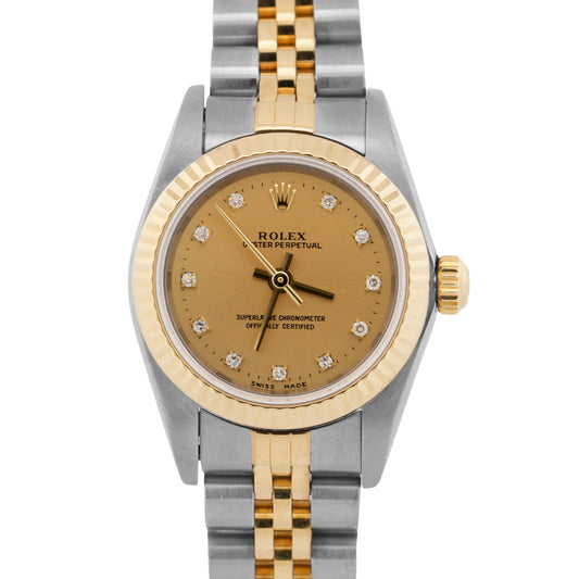 Rolex Oyster Perpetual 24mm CHAMPAGNE DIAMOND 18K Gold Steel JUBILEE 76193 Watch