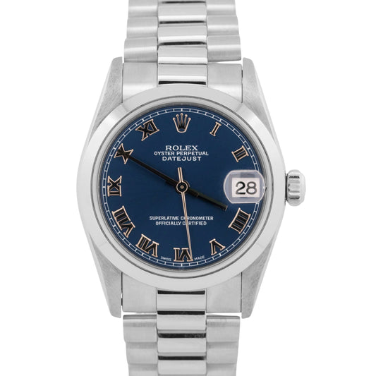 MINT Ladies Rolex DateJust President BLUE ROMAN 31mm PLATINUM Smooth 78246 Watch