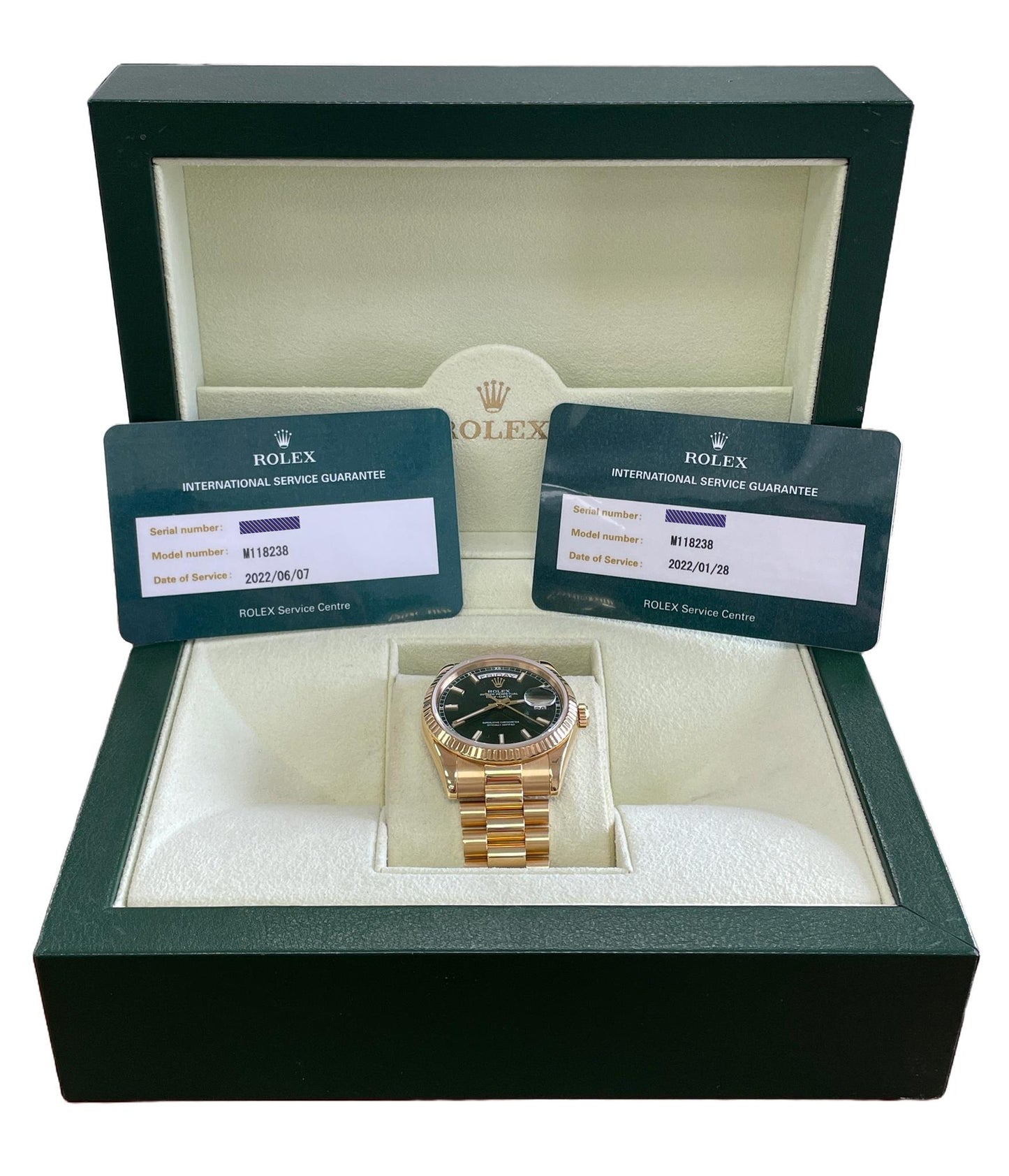 2022 RSC Rolex Day-Date President GREEN 18K Yellow Gold 36mm 118238 Watch BOX