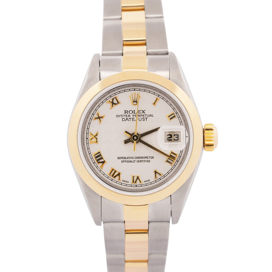 Ladies Rolex DateJust IVORY ROMAN PYRAMID 18K Gold Steel OYSTER 26mm 79163 BOX