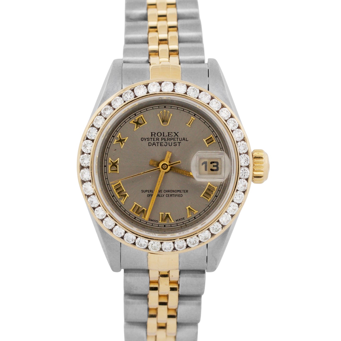 Ladies Rolex DateJust SILVER ROMAN DIAMOND 18K Gold Steel 26mm JUBILEE 79173