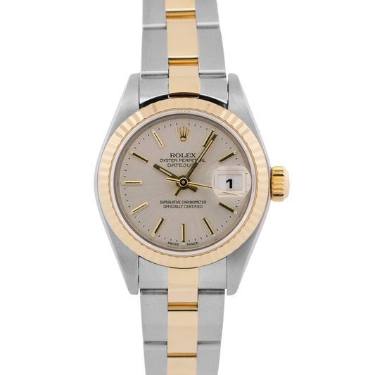 PAPERS Ladies Rolex DateJust SILVER 18K Yellow Gold Steel 26mm OYSTER 79173 BOX