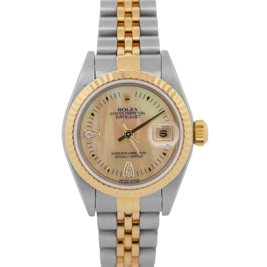 Ladies Rolex DateJust FACTORY MOP TEARDROP DIAMOND 18K 26mm JUBILEE 79173 BOX