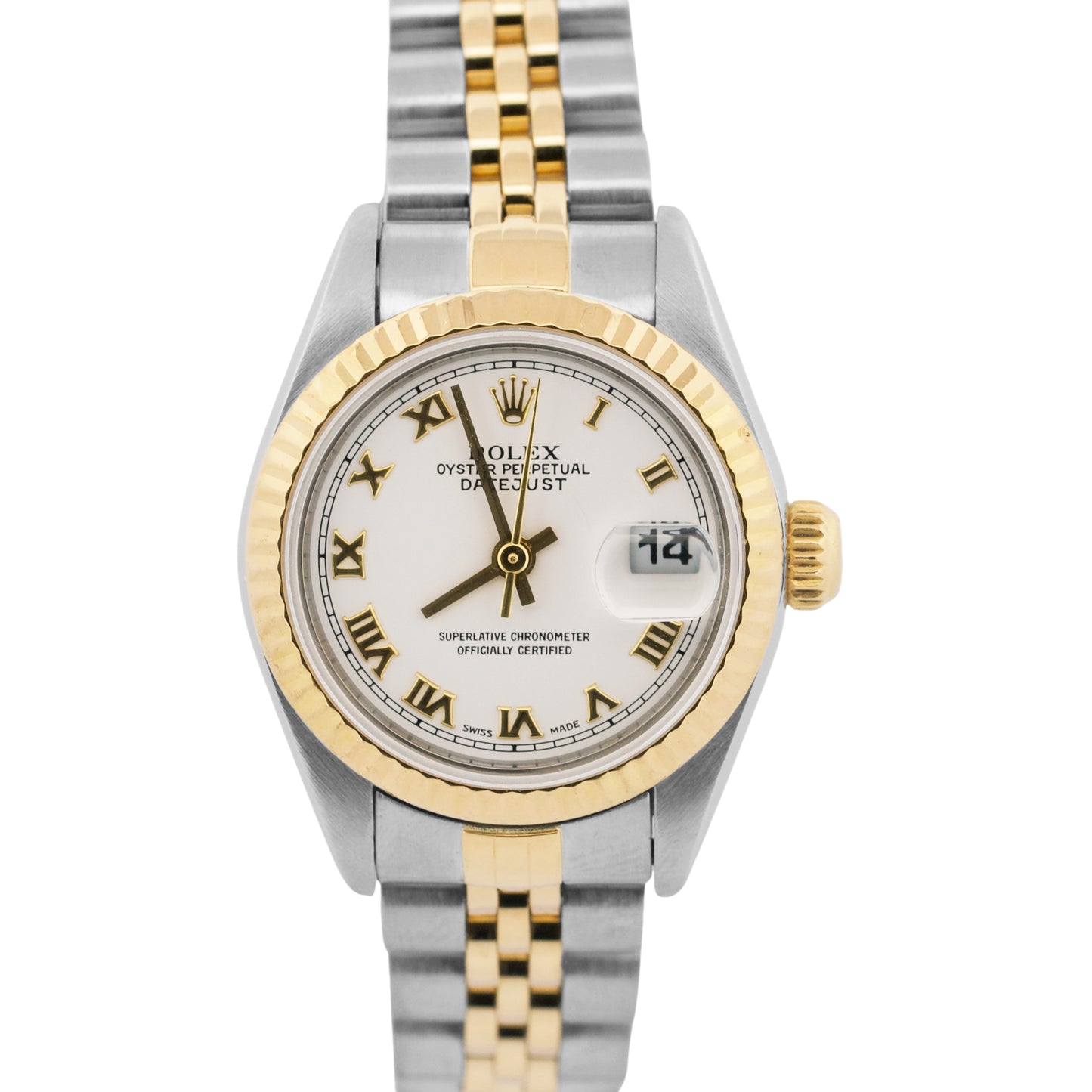 Ladies Rolex DateJust WHITE ROMAN 18K Yellow Gold Stainless 26mm JUBILEE 79173