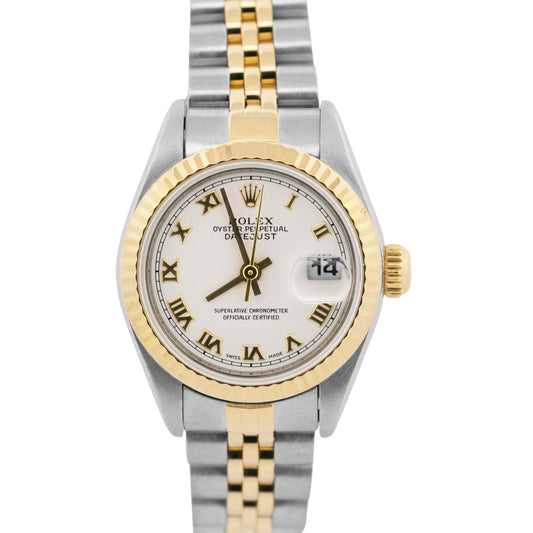 Ladies Rolex DateJust WHITE ROMAN 18K Yellow Gold Stainless 26mm JUBILEE 79173