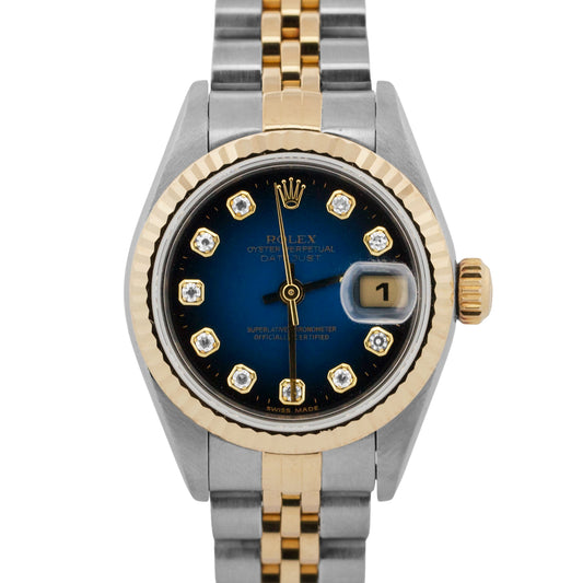 PAPERS Ladies Rolex DateJust BLUE VIGNETTE DIAMOND 18K Jubilee 26mm 79173 BOX