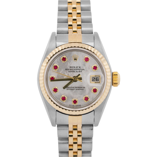 Ladies Rolex DateJust FACTORY MOTHER OF PEARL RUBY 18K 26mm JUBILEE 79173 BOX