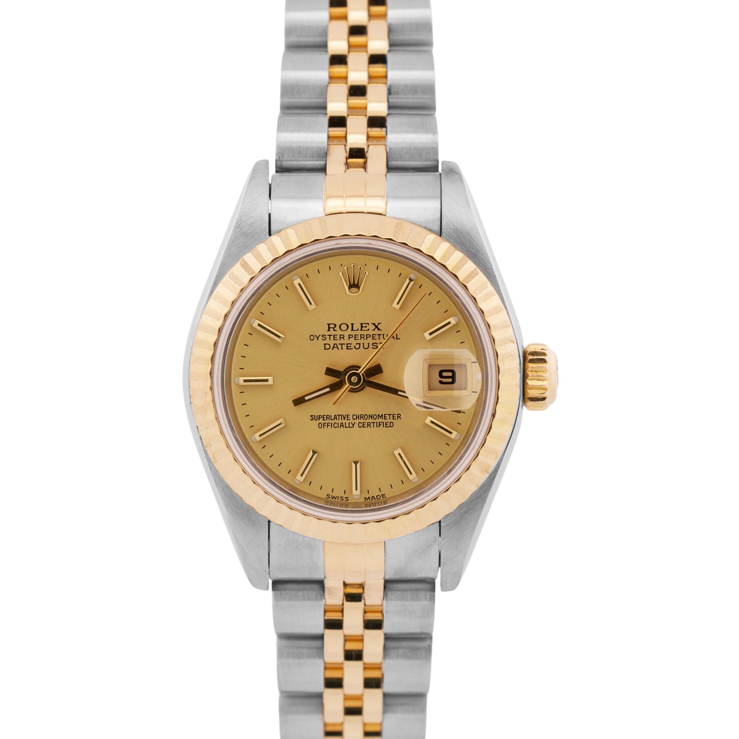 PAPERS Ladies Rolex DateJust CHAMPAGNE 18K Gold Steel JUBILEE 26mm 79173 BOX
