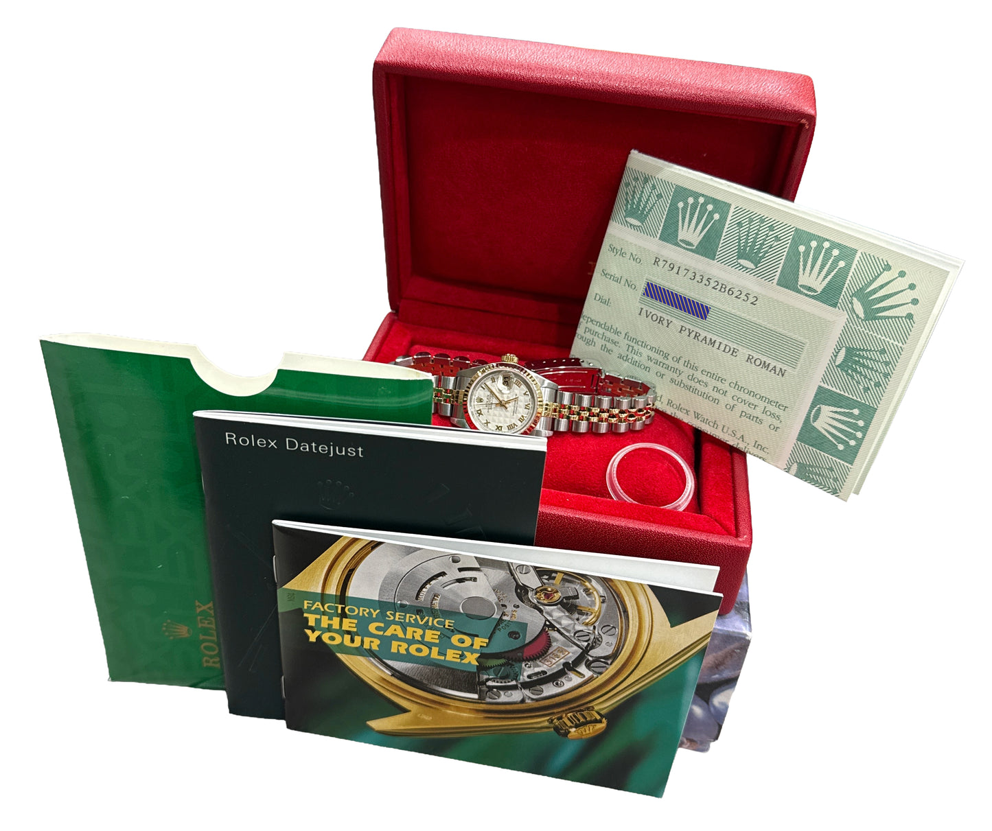 PAPERS Ladies Rolex DateJust IVORY ROMAN PYRAMID 18K 26mm JUBILEE 79173 BOX