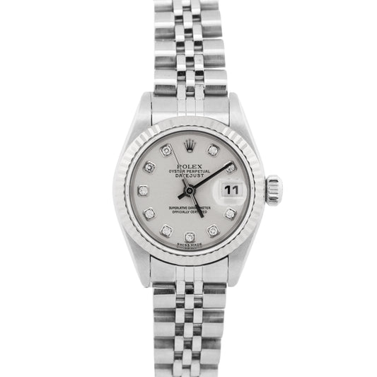 PAPERS Rolex DateJust 26mm SILVER DIAMOND 18K White Gold Steel JUBILEE 79174 BOX