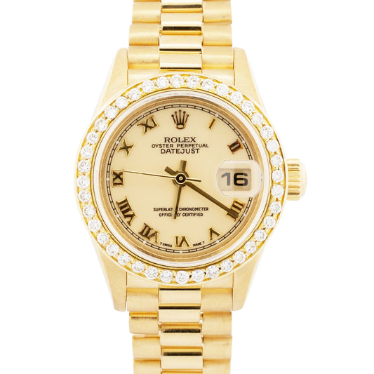 Rolex DateJust President 28mm CREAM ROMAN 18K Yellow Gold DIAMOND 79178 BOX
