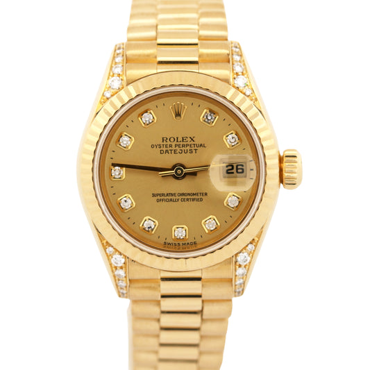 Ladies Rolex DateJust President 26mm FACTORY CHAMPAGNE DIAMOND 18K 79238 BOX