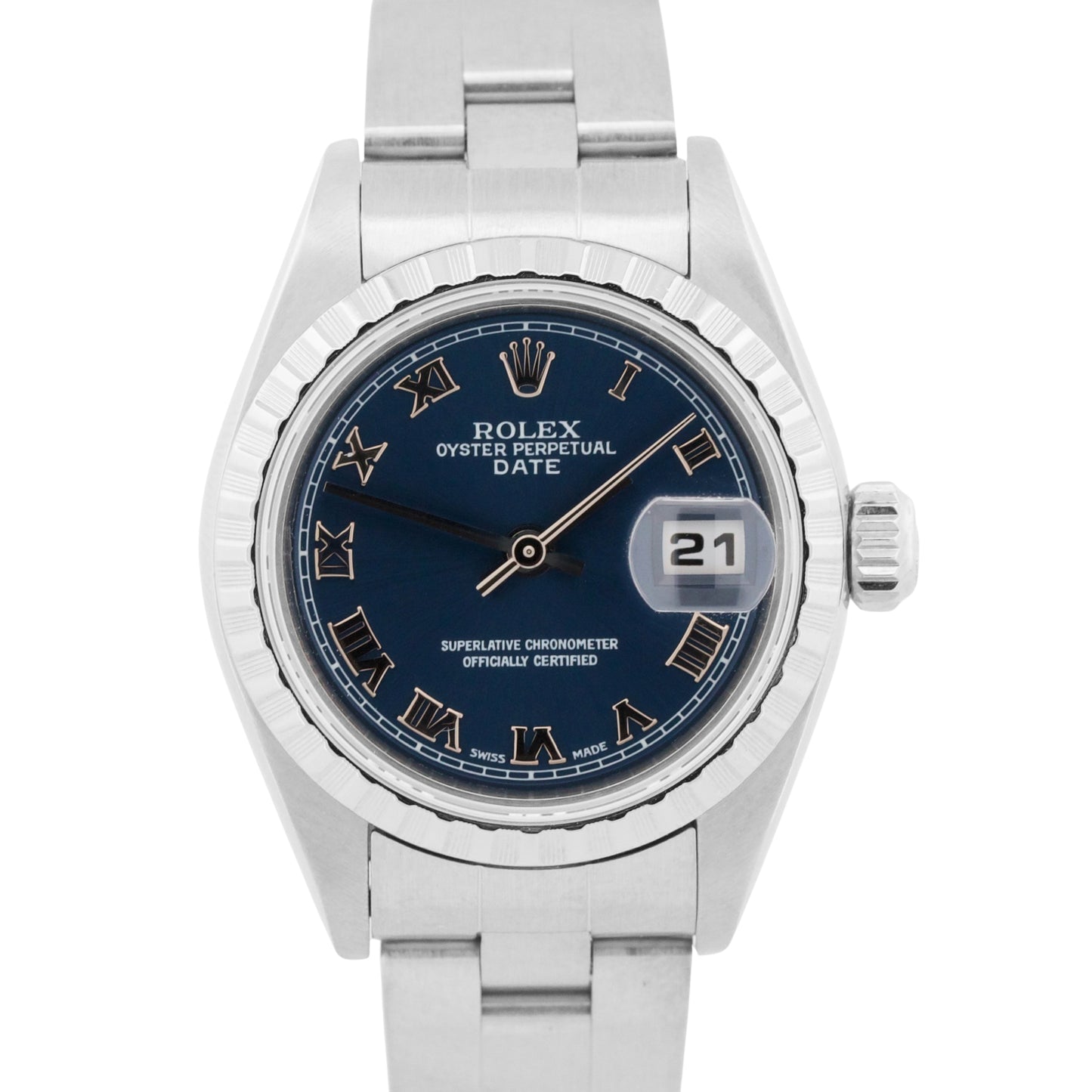 PAPERS Ladies Rolex DateJust BLUE ROMAN 26mm Engine-Turned Steel 79240 Watch BOX