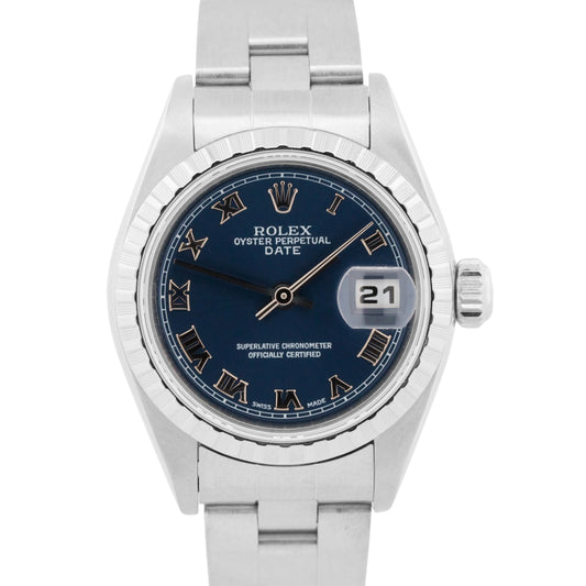 PAPERS Ladies Rolex DateJust BLUE ROMAN 26mm Engine-Turned Steel 79240 Watch BOX