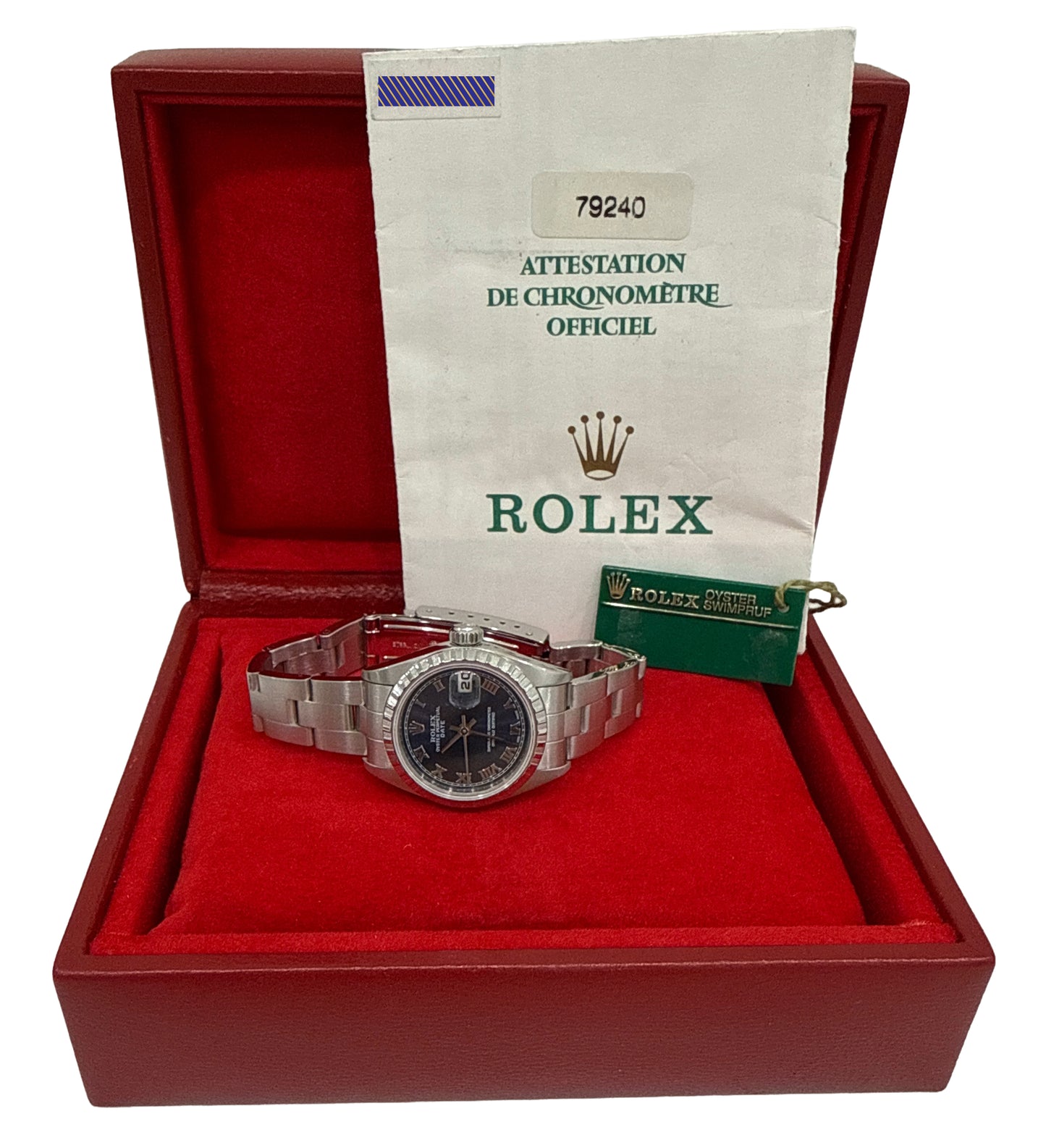 PAPERS Ladies Rolex DateJust BLUE ROMAN 26mm Engine-Turned Steel 79240 Watch BOX