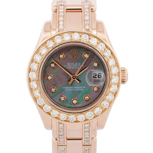 Ladies Rolex DateJust Pearlmaster 18k Rose Gold DIAMOND MOP 29mm 80315 Watch BOX
