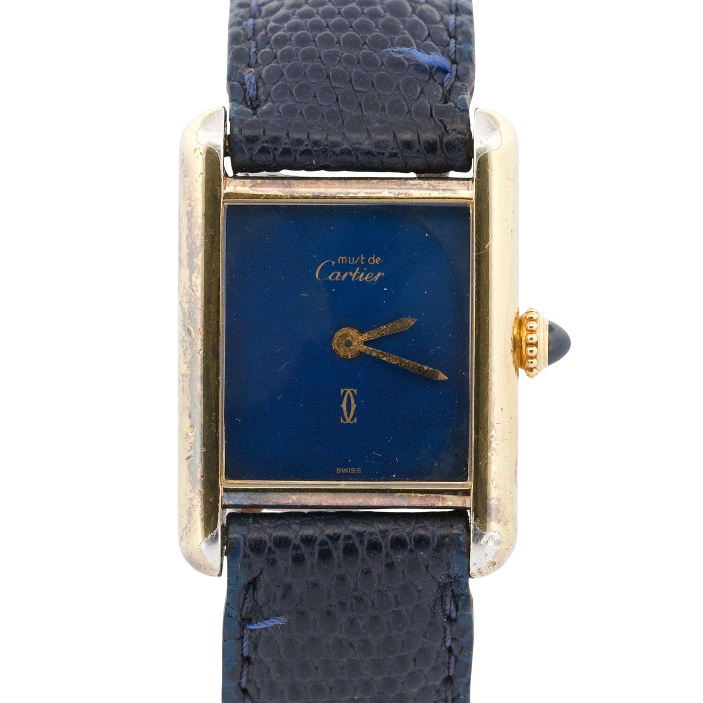 VINTAGE Cartier Tank Argent 925 Sterling Vermeil Gold BLUE MYSTERY DIAL 21mm
