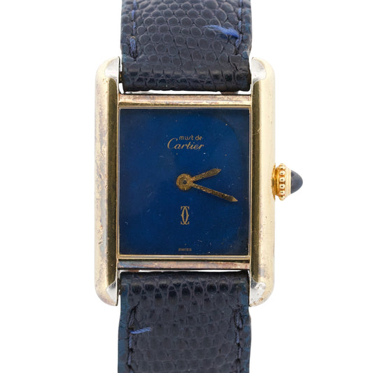 VINTAGE Cartier Tank Argent 925 Sterling Vermeil Gold BLUE MYSTERY DIAL 21mm