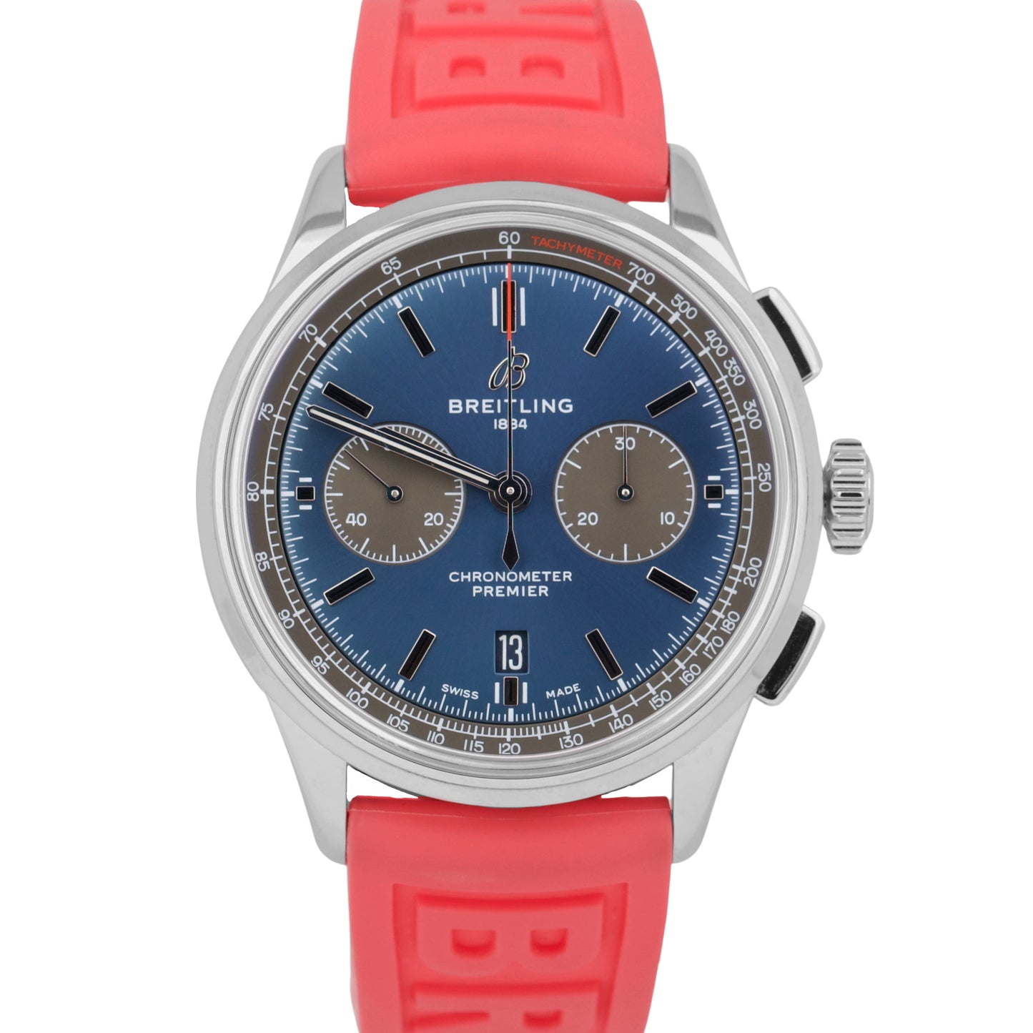 Breitling Premier B01 42mm Stainless Steel Blue Red Rubber Date Watch AB0118