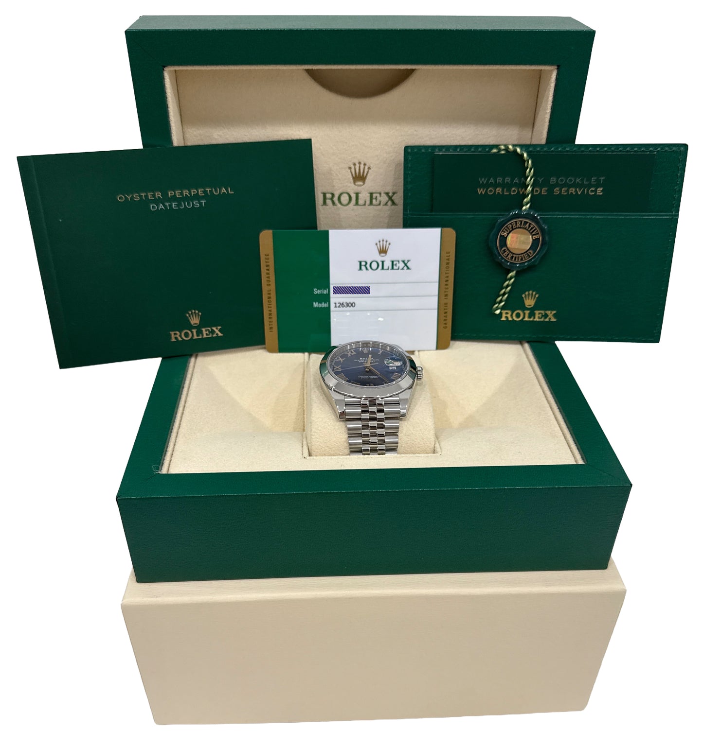 PAPERS Rolex DateJust 41 AZZURRO BLUE Roman Steel JUBILEE Smooth 41mm 126300 BOX