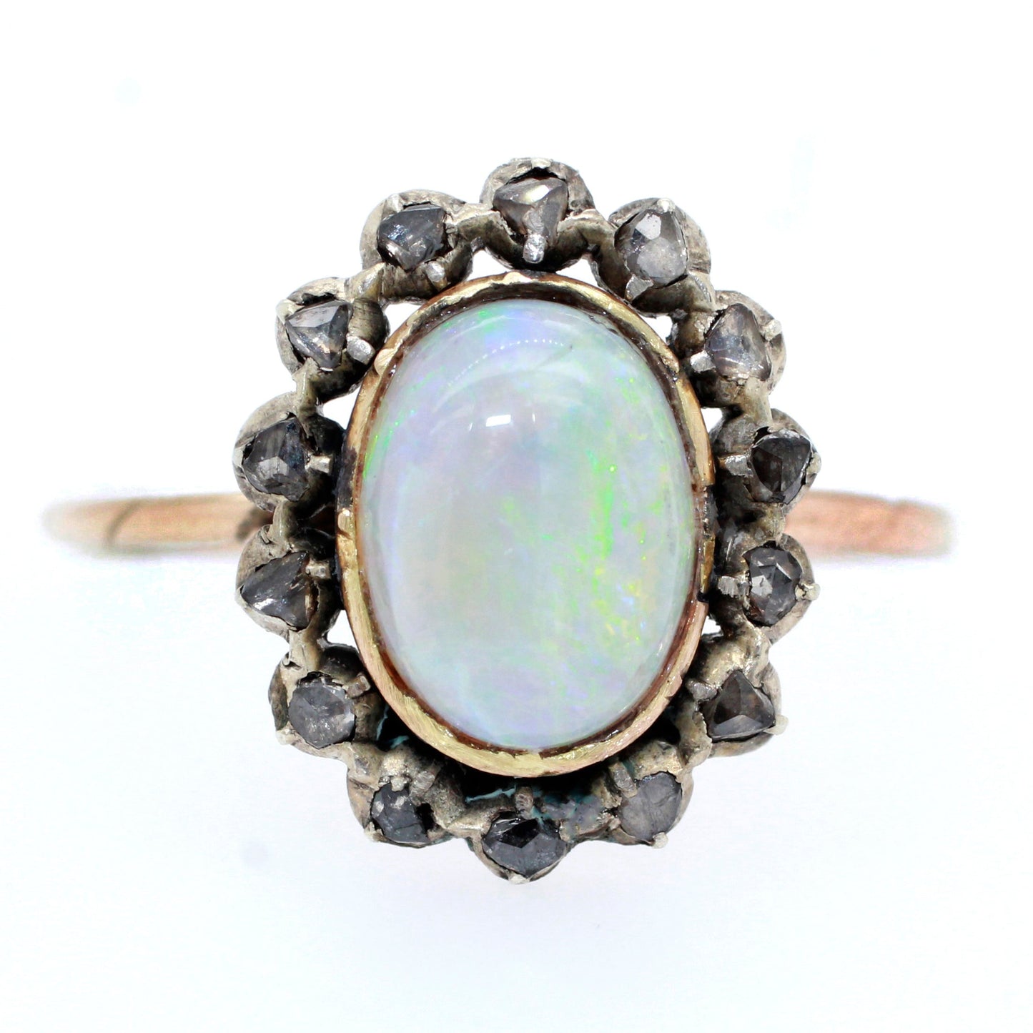 Antique Art Nouveau 0.75ct Precious Opal & Diamond Pin Conversion Ring 14k Yellow Gold