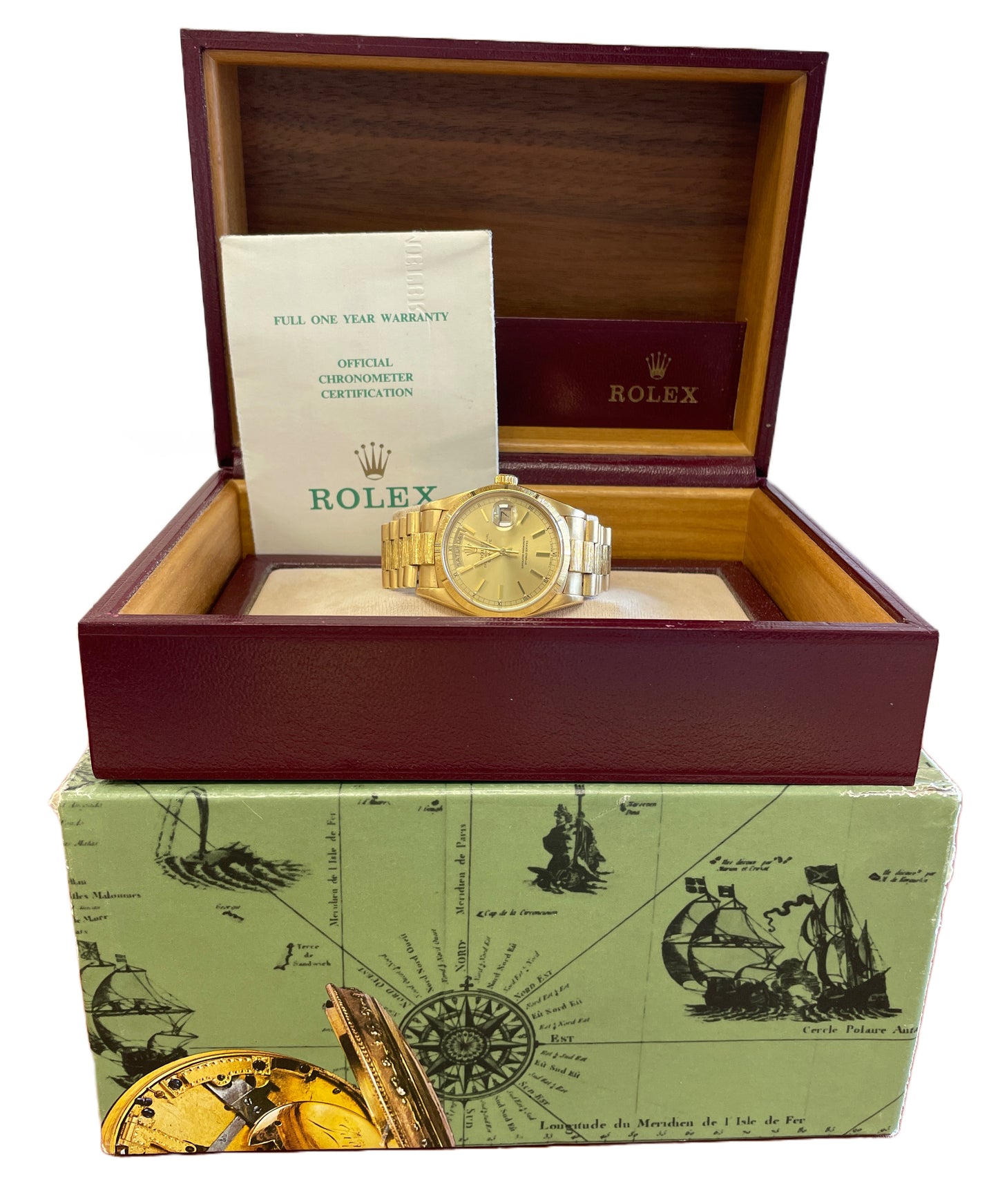 1989 PAPERS Rolex Day-Date President 36mm Champagne BARK Gold Watch 18078 B+P