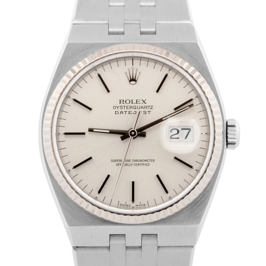 2001 Rolex OysterQuartz DateJust SILVER 36mm Steel 18K Gold Fluted Watch 17014