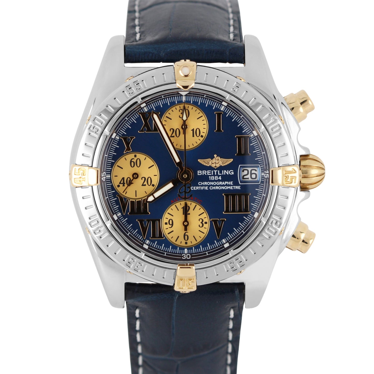 Breitling Chrono Cockpit Two-Tone 18k Gold Steel Blue Roman 39mm
