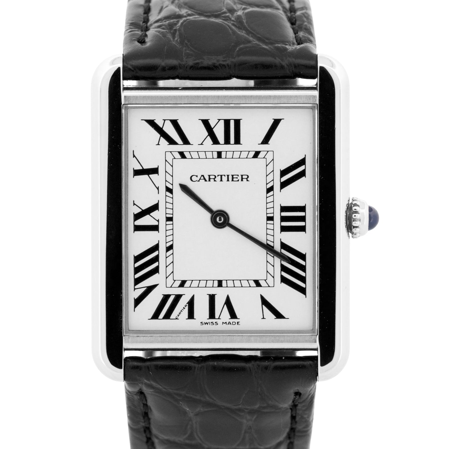 Cartier Tank Solo Stainless Steel SILVER Roman Quartz 2715 W1018355 Leather 27mm