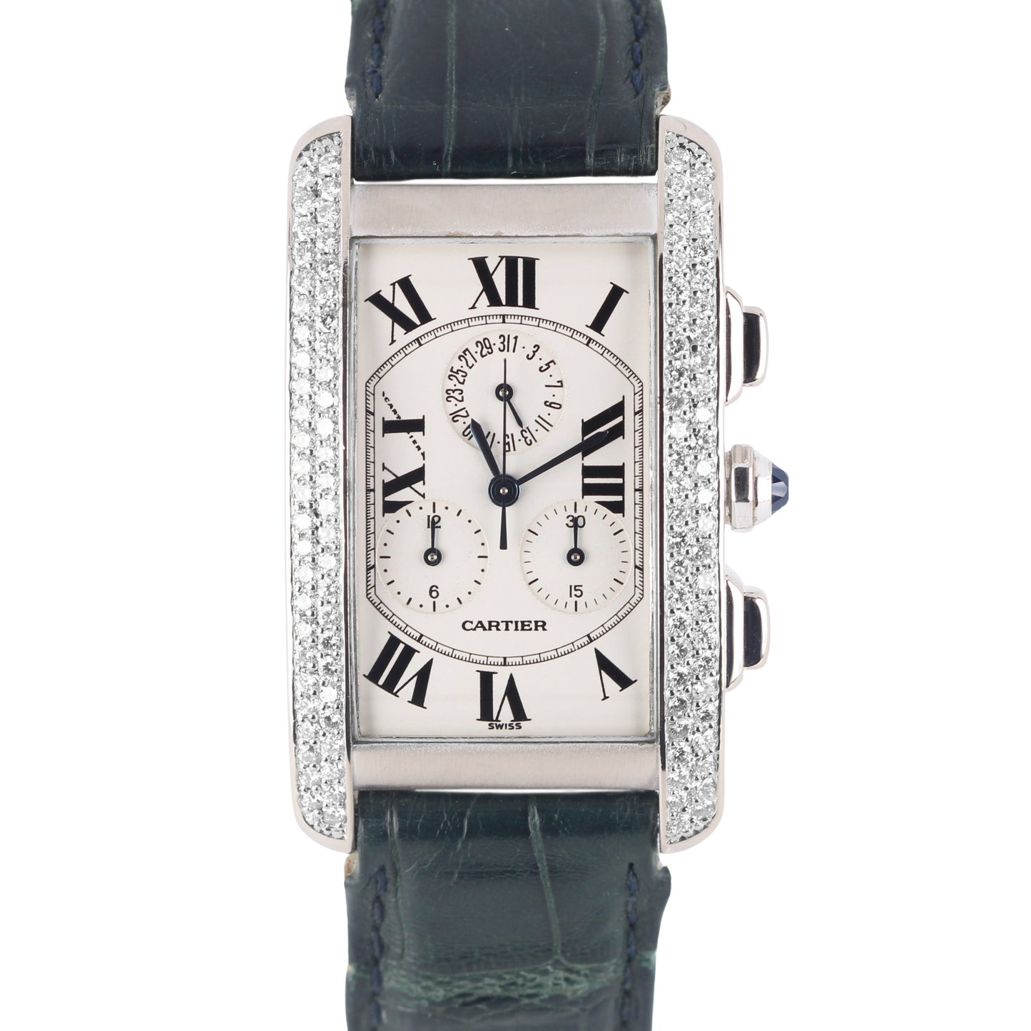 Cartier, Cartier Tank, Tank, Cartier Tank Americaine, Tank Americaine, Cartier 18k Gold, Cartier DIAMOND, DIAMOND Bezel, Cartier 2312, 2312, Cartier Roman Numeral, White Gold Cartier