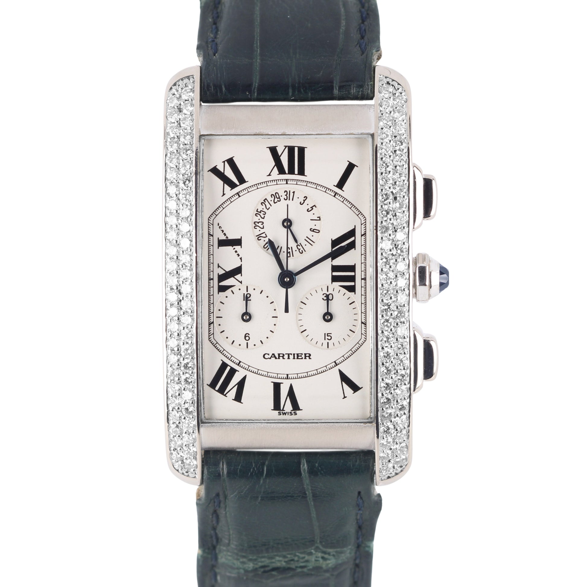 Cartier, Cartier Tank, Tank, Cartier Tank Americaine, Tank Americaine, Cartier 18k Gold, Cartier DIAMOND, DIAMOND Bezel, Cartier 2312, 2312, Cartier Roman Numeral, White Gold Cartier