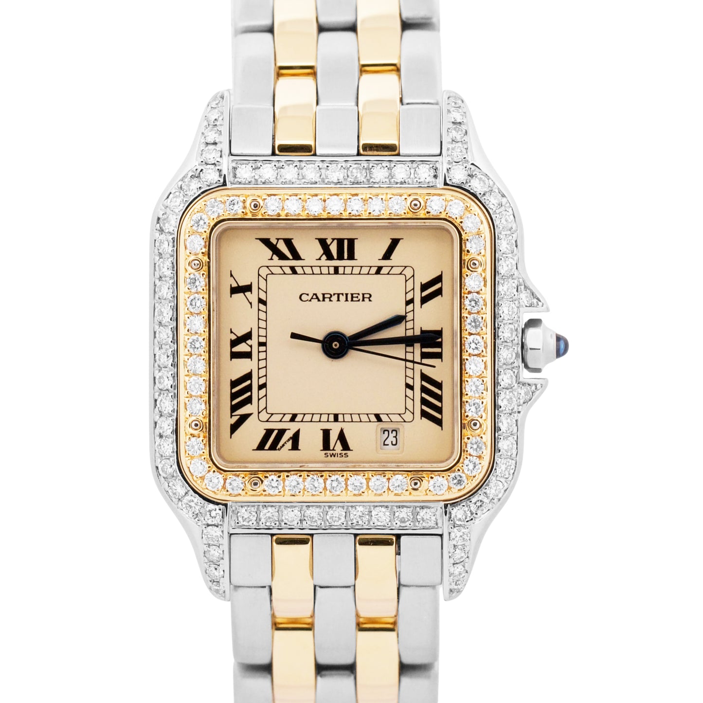 Cartier Panthere TWO ROW 18K Gold Steel DIAMOND 27mm IVORY W25028B6 187949 Watch