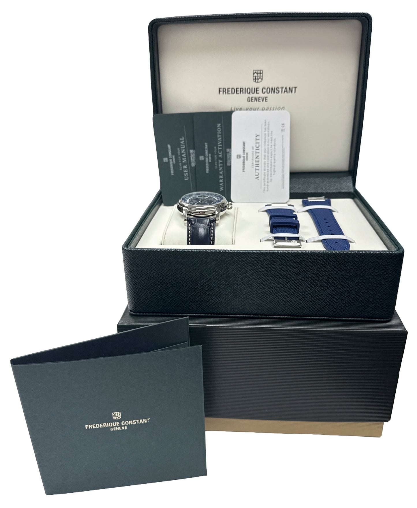 PAPERS Frederique Constant Classic WorldTimer BLUE Leather 42mm FC-718X4H4/6 BOX