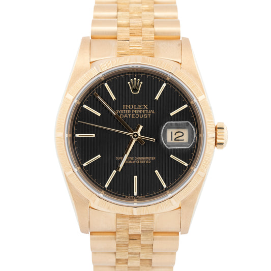 Rolex DateJust 36mm Black Tapestry BARK 18K Yellow Gold Jubilee Watch 16248
