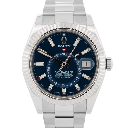 PAPERS Rolex Sky-Dweller BLUE Steel 18K White Gold 42mm Oyster Watch 326934 BOX