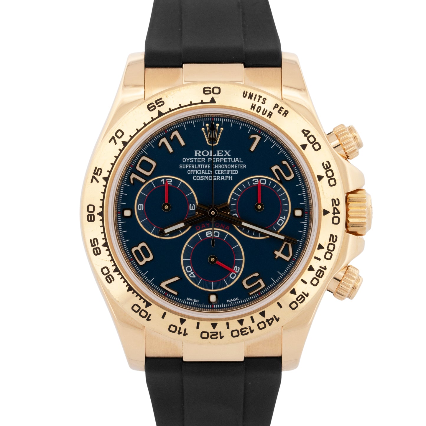 Rolex Daytona Cosmograph BLUE RACING Arabic 18K Yellow Gold REHAUT 116518 BOX