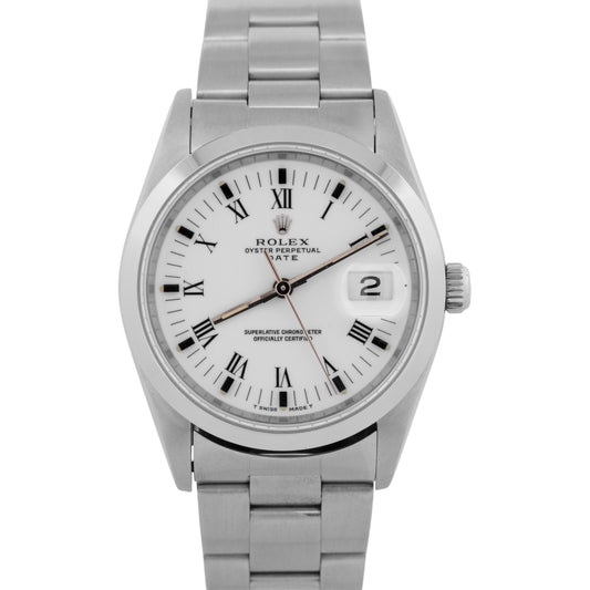 Rolex Oyster Perpetual Date White 34mm Oyster Stainless NO-HOLES Watch 15200